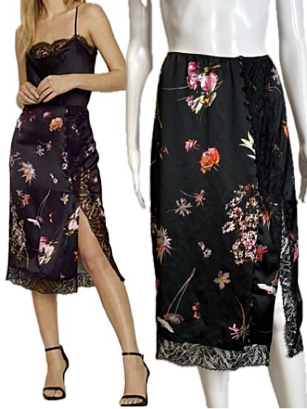 Victoria's Secret Black Satin Floral Lace Slit Midi Slip Skirt Size Small Silky